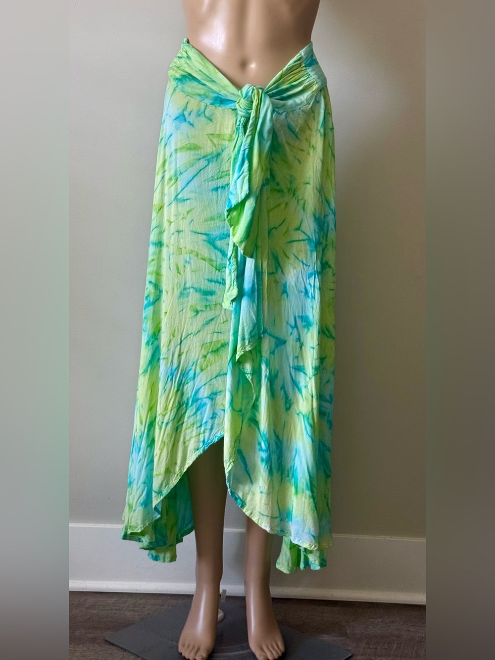 BEACHGOLD Lime Green and Aqua Tie-Dye Asymmetrical Wrap Skirt